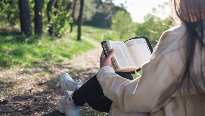 how to read the bible - woman reading the bible in a forrest